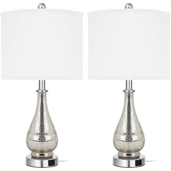 Glass Table Lamps Set of 2, Modern 23.5” High Hand-Applied Silver Mercury Glass Bedside Lamps, for Bedroom Living Room Home Nightstand Table Lamp(with USB CA 5V 2.1A Charging Ports)