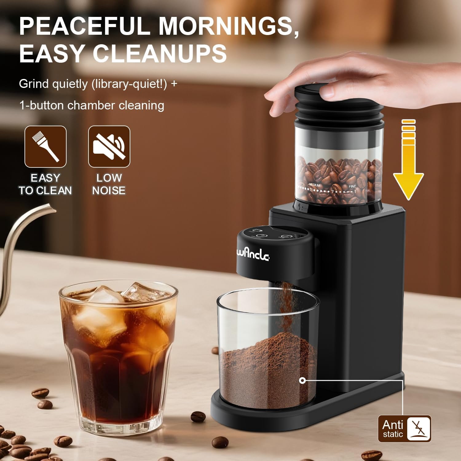 Conical Burr Coffee Grinder Touch Edition - 25 Settings, Precision Timer, Anti-Static,  Blower, 200W Motor for Home Brewing