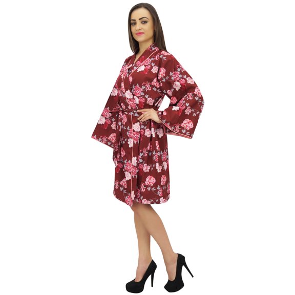 Bimba Women's Maroon Kimono Robe With Belt Floral Print Sleepwear Coverup - 18