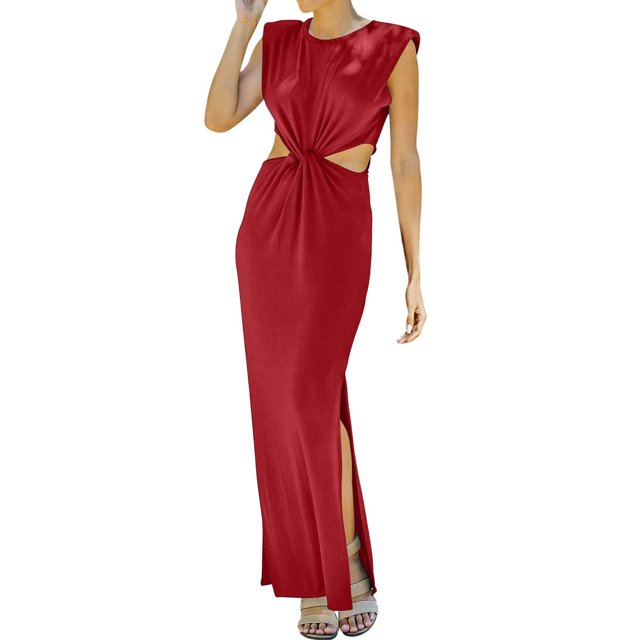 Robe Maxi d'Été pour Femmes Manches Courtes Torsadées devant Découpe Aguichant Longue Robe Col Rond Décontractée Ample Confortable Fendue Robe de Plage