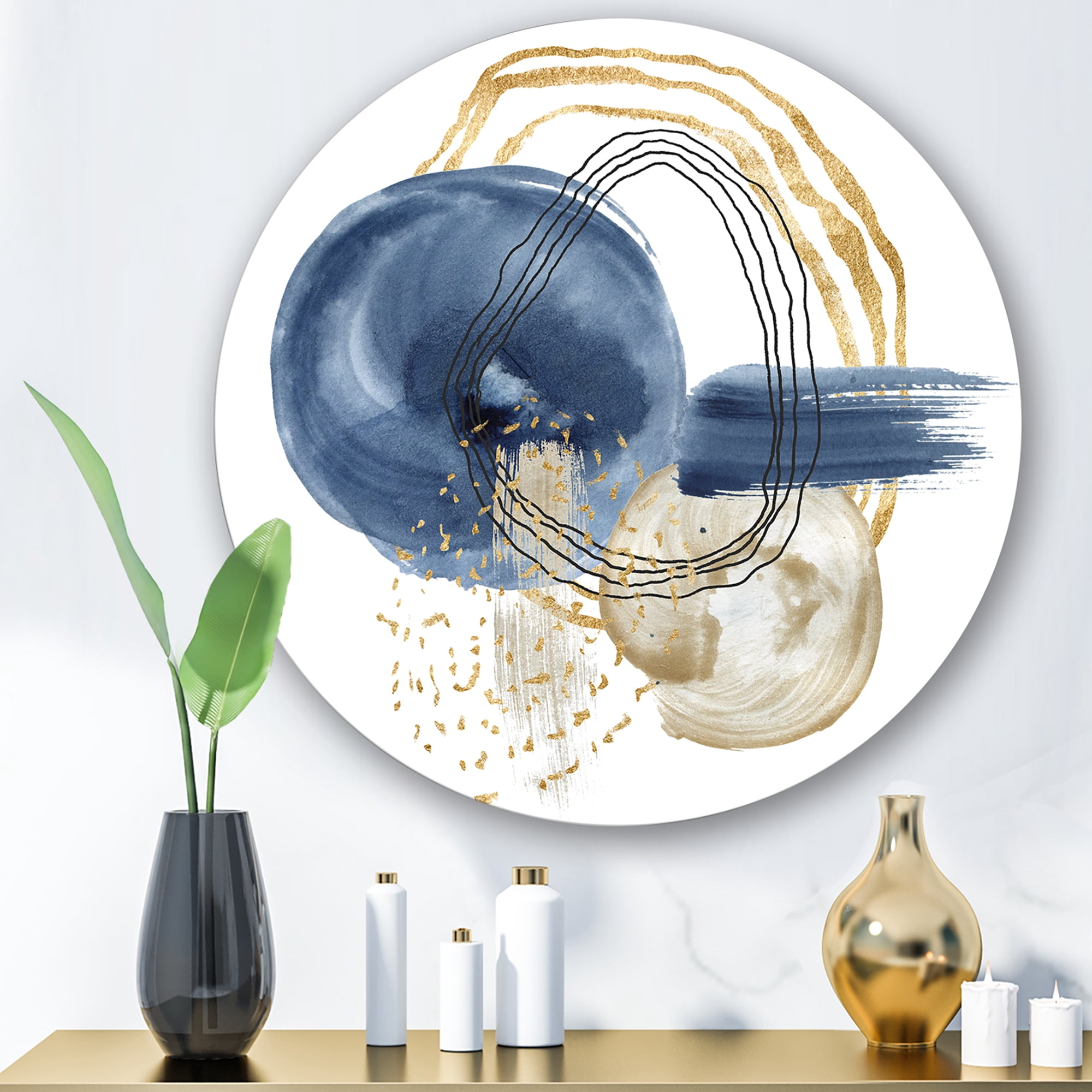 Designart 'Abstract Black and Dark Blue Gold Underwater Life' Modern Circle Metal Wall Art 11x11 - Disc of 11