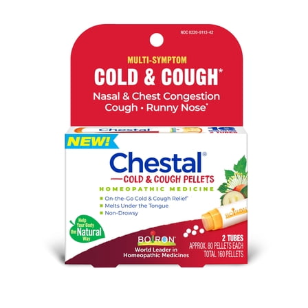 Boiron Chestal Adult Pellets, Homeopathic Medicine for Cold & Cough Relief, Nasal & Chest Congestion, Cough, Runny Nose, 2 x 80 Meltaway Pellets
