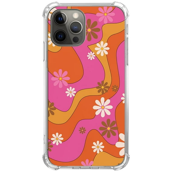 Pink Retro 70s Flowers Case for iPhone 13 Pro,Aesthetic Art Design TPU Bumper Cover Case