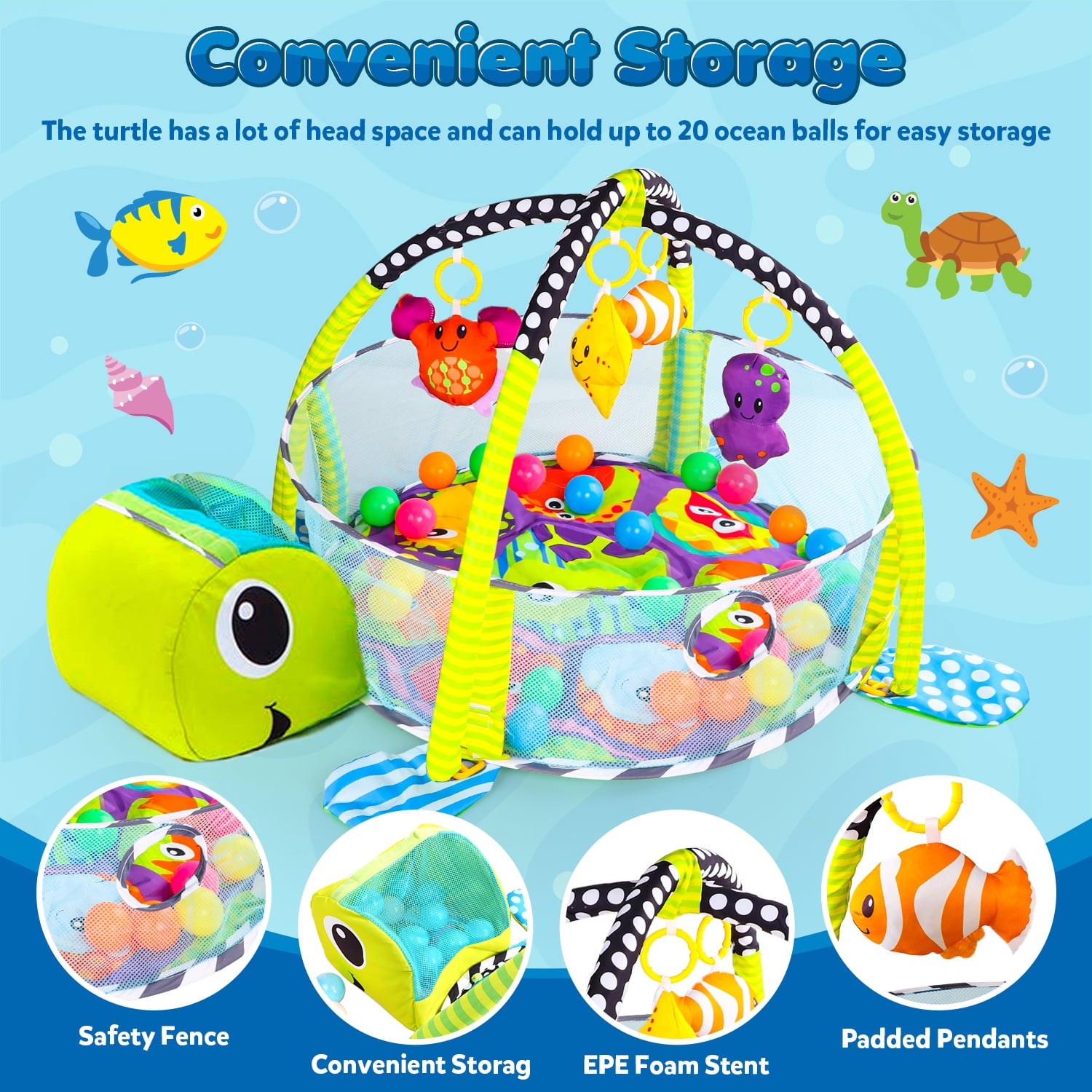 UQN Baby Play Gym, 3 in 1 Baby Play Gym Activity Mat, with Hanging Toys and Ocean Balls, Gifts for Newborn Baby 0 to 3 6 9 12 Months, Green Turtle