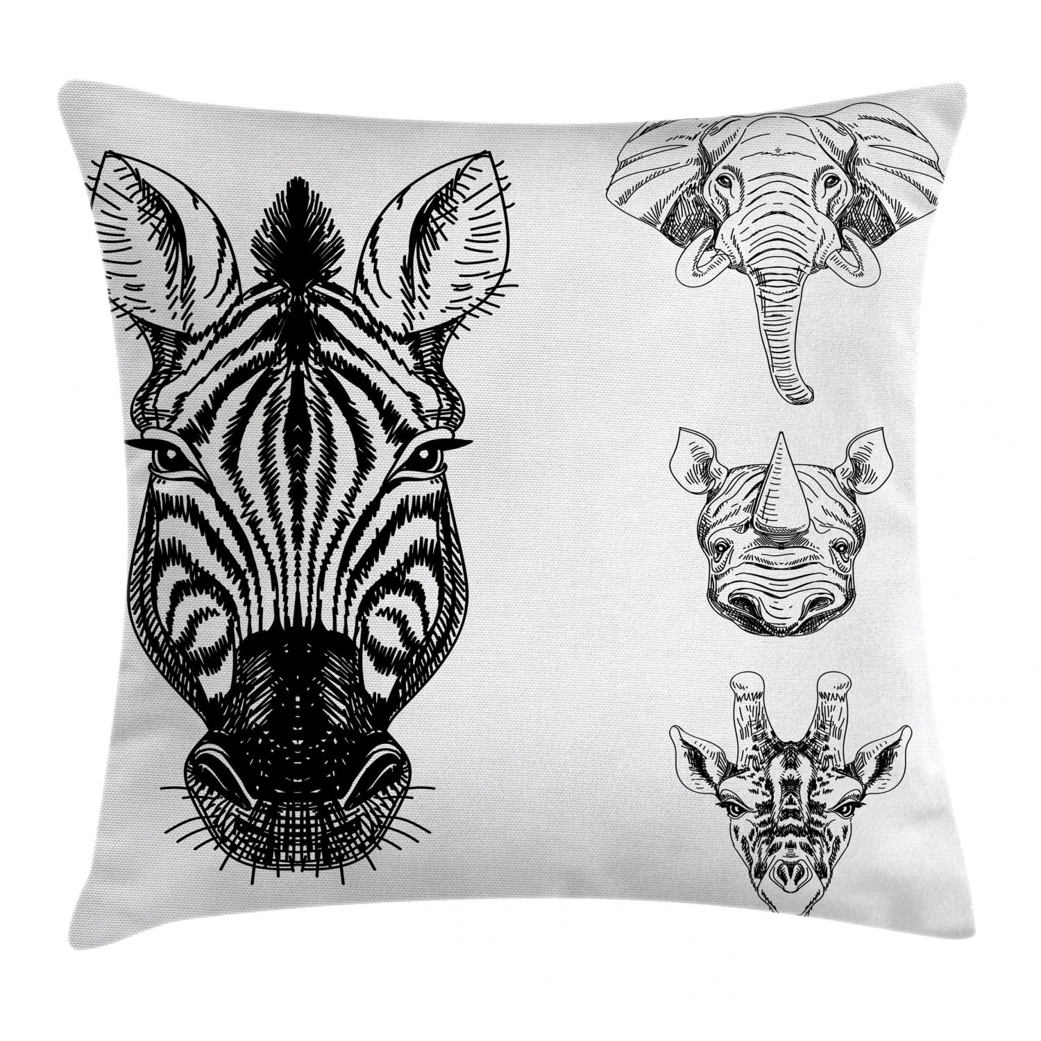 Animal Throw Pillow Cushion Cover, Sketch of Zebra Giraffe Elephant and