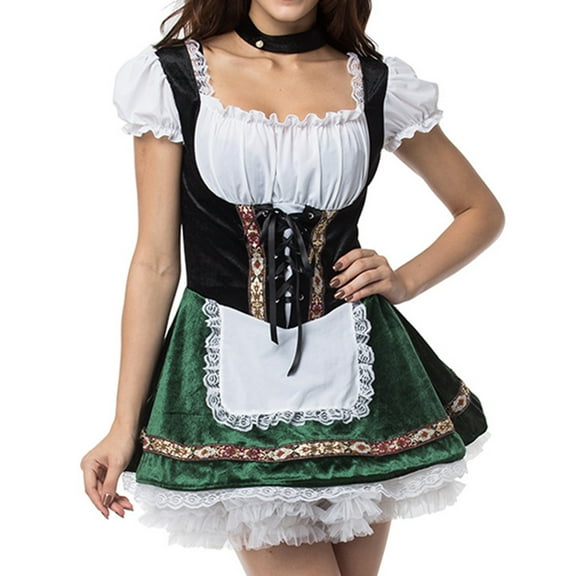 SWSMCLT Women's Oktoberfest Dirndl Dress Outfit Fitted String Basic Soft Bavarian Beer Green 10