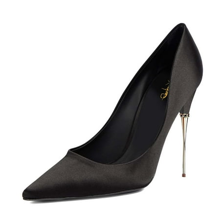 XYD Women Classic Slip On Pumps Stiletto Metal High Heels Pointy Closed Toe Formal Party Satin Shoes Size 16 Black