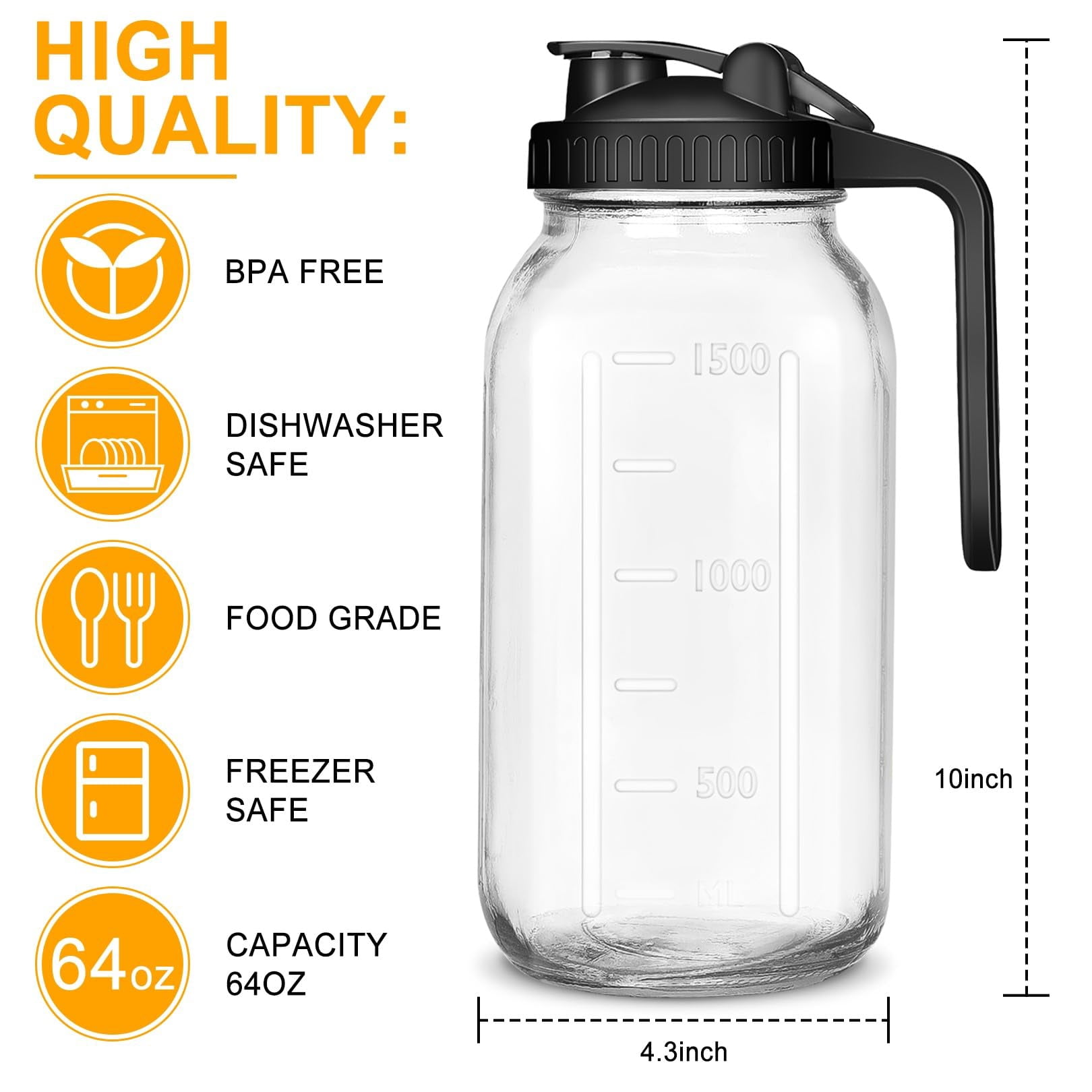3 Pack 64oz Glass Mason Jar Pitchers with Lids,Sun Tea Pitchers for Outside,Ice Tea Pitcher for Fridge,2 Quart Pitcher for Cold Brew,Breast Milk,Lemonade,Coffee,Flavored Water,Airtight Lids(Black)