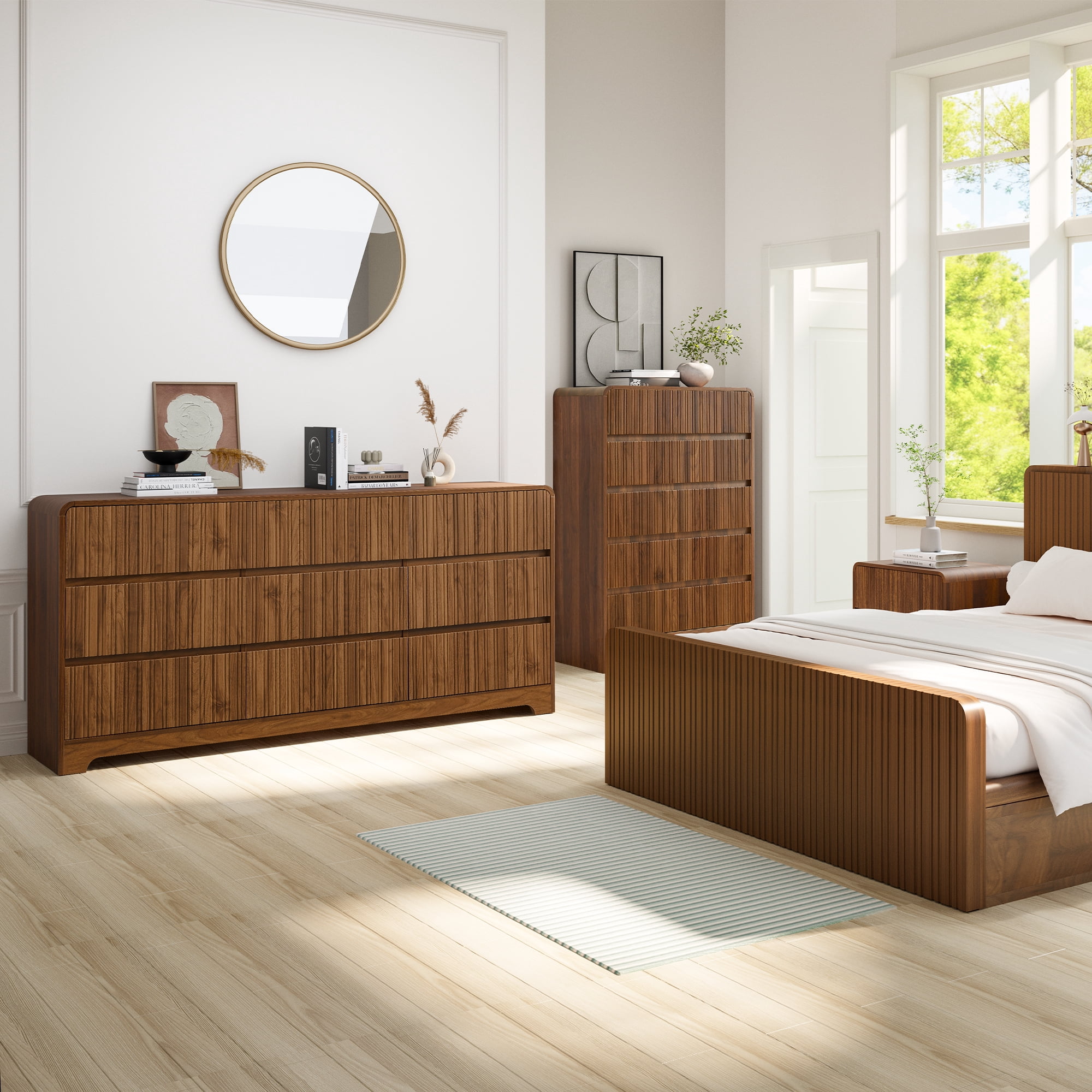 LEFHDA Fluted 5 Drawers Dresser for Bedroom, Mid Century Modern Storage Dressers, 45.3" Tall Wood Fluted Dressers Organizer for Bedroom, Living Room, Walnut Set of 2