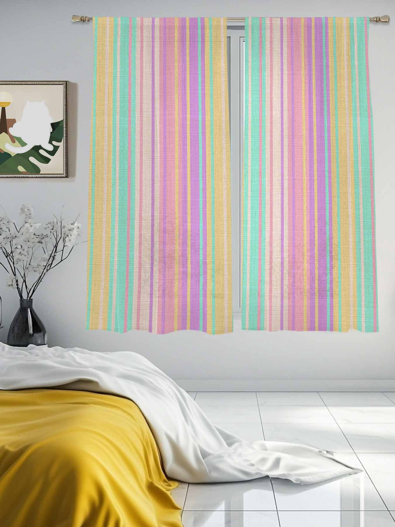 Sheer Curtains 72 Inches Long 2 Panels, Pastel Colors Vertically Striped Rod Pocket Curtain Voile Draperies, Modern Vintage Linen Light Filtering Window Treatment for Living Room Kitchen Bedroom