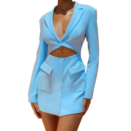 

Huakaishijie Women Blazer Suit Dress Long Sleeve Cut Out Lapel Formal One-pieces