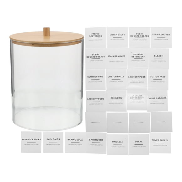Dispensador de pañuelos redondo transparente de acrílico transparente con tapa de madera y 27 etiquetas para organizar la lavandería