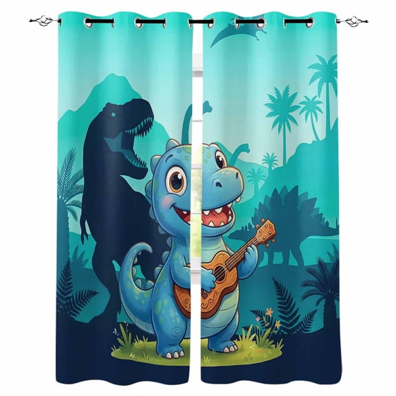 Funny Dinosaur Blackout Curtains for Bedroom/Living Room, Thermal Insulated Kitchen Curtains, Playing Guitar Palm Tropical Fern Silhouette Grommet Darkening Window Treatment Drapes 42"x84"x2