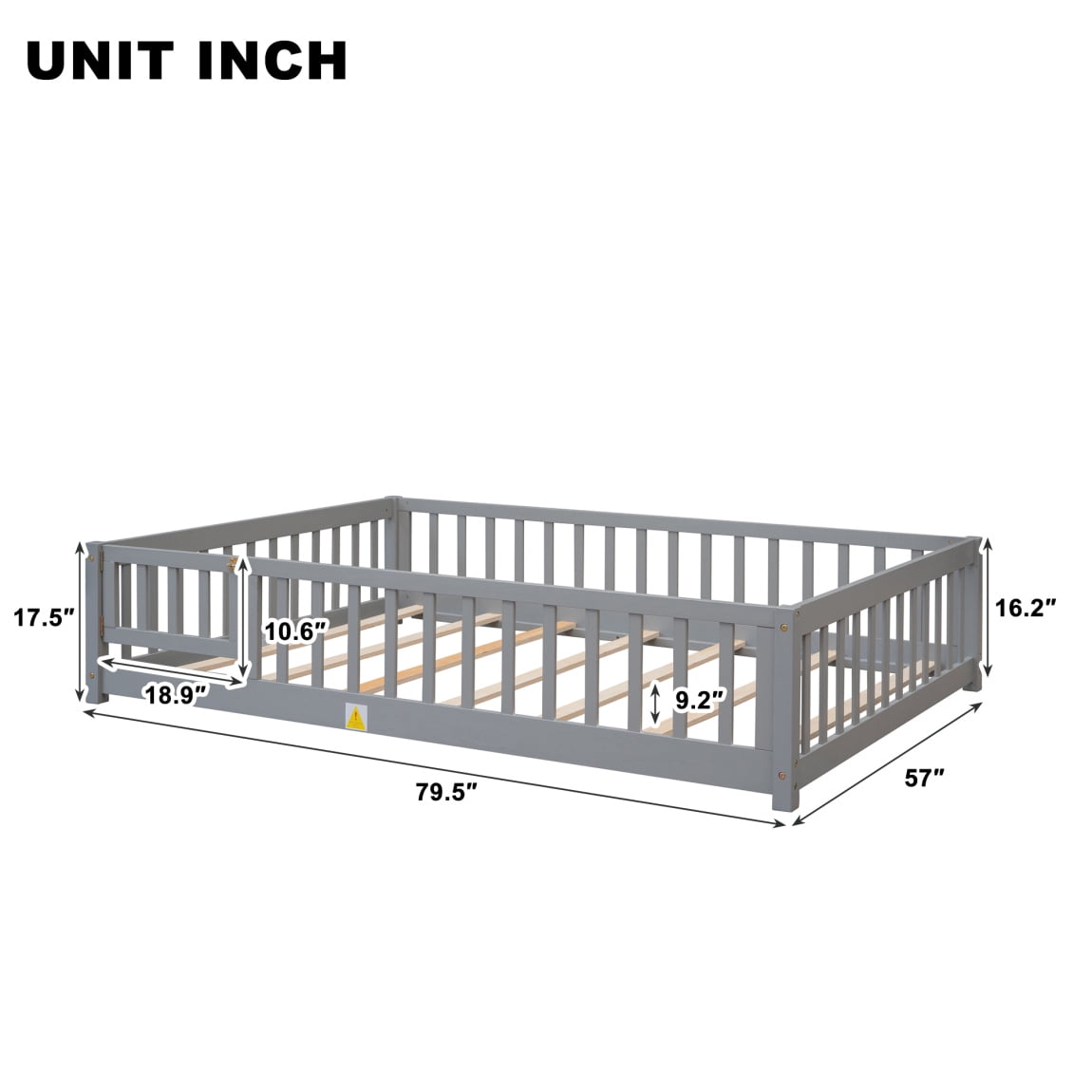Kids Full Montessori Playpen Floor Bed Frame with Safety Guardrail Fence and Door for Boys Girls Toddlers Baby, 200lbs Load 79.5x41.8x17.5inch, Grey