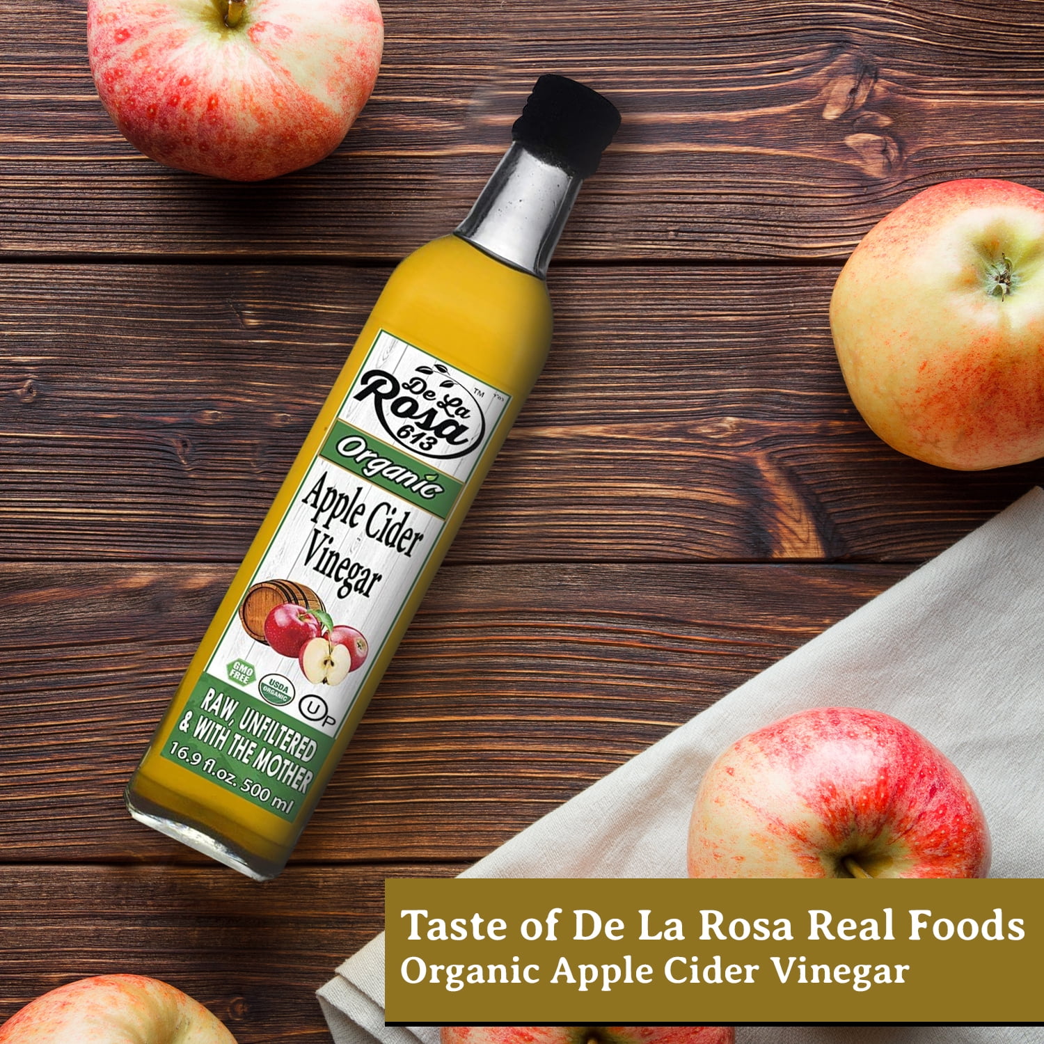 De La Rosa 613 Organic Apple Cider Vinegar, Raw & Unfiltered, Kosher for Passover, 16.9 Oz (Pack of 2)
