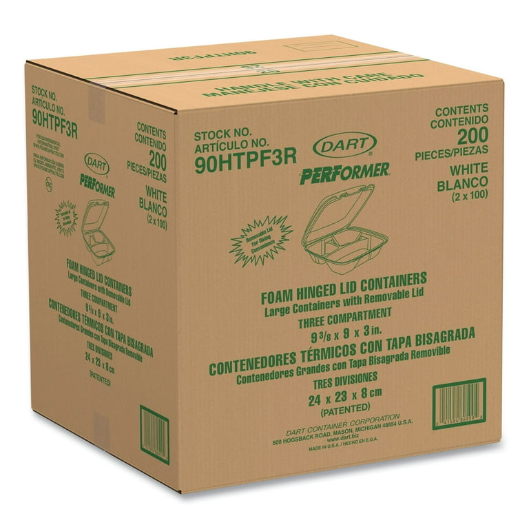 Foam Hinged Lid Container, Performer Perforated Lid, 3-Compartment, 9 x 9.4 x 3, White, 100/Bag, 2 Bag/Carton Foam Hinged Lid Container, Performer Perforated Lid, 3-Compartment, 9 x 9.4 x 3, White, 100/Bag, 2 Bag/Carton