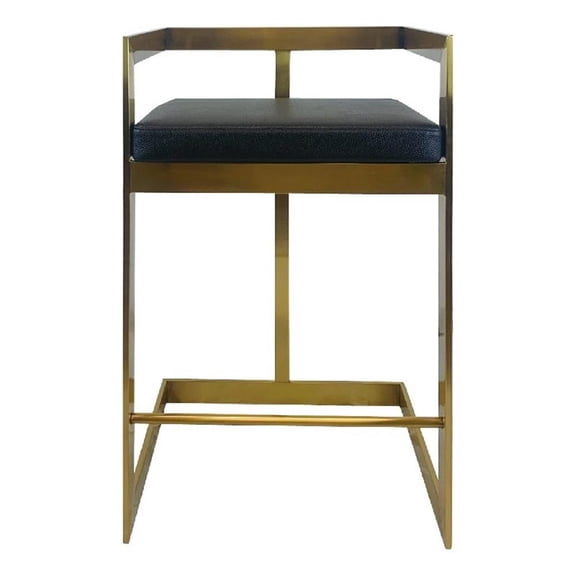 Benjara Keyn 26" Counter Stool Chair- Faux Leather- Steel Base- Black- Gold