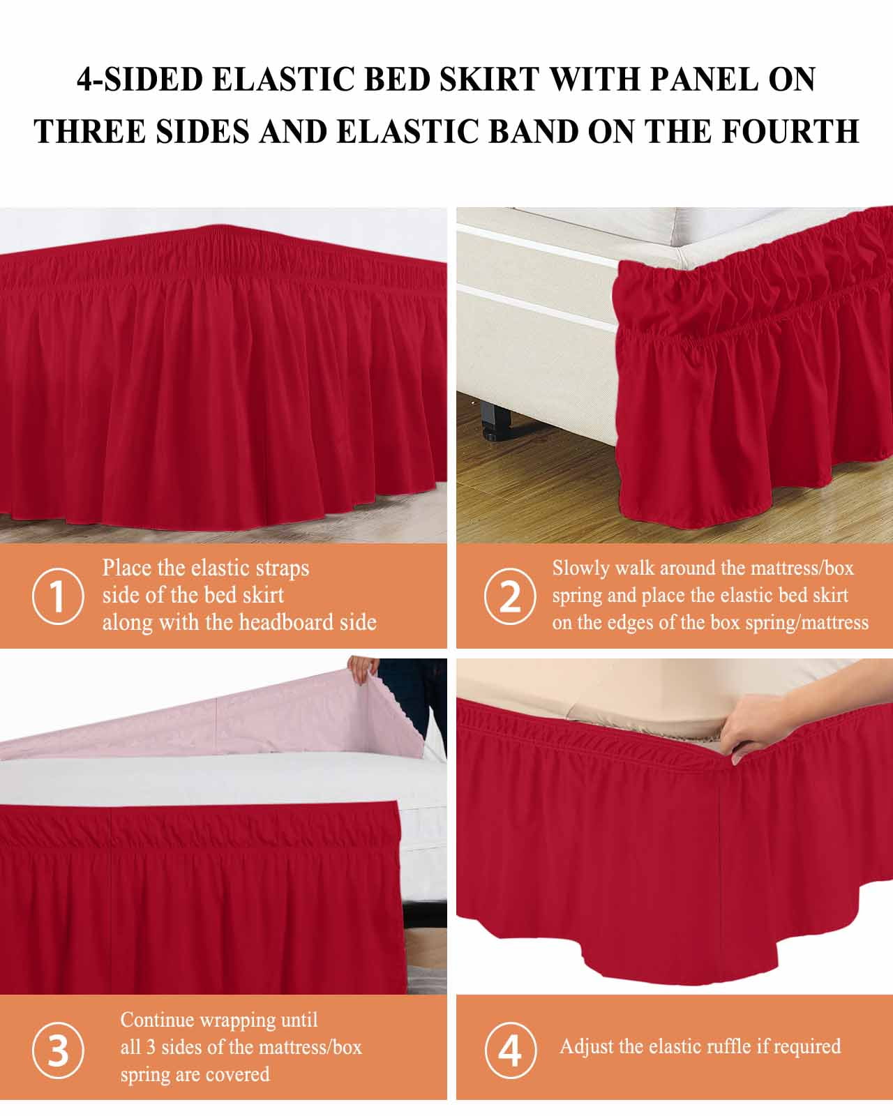 Solid Color Bed Skirt King Size 16" Drop Red Ruffled Wrap Around Bed Skirts Adjustable Elastic Bedskirt Dust Ruffle for King Size Bed