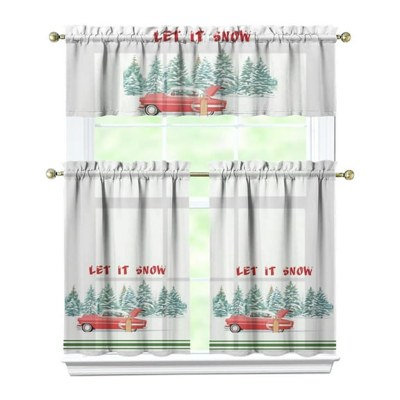 3-Piece Christmas Kitchen Curtain Set - Ruffled Valance and Tier Curtains with Rod Pocket, Fresh Winter Pattern for Farmhouse Kitchen Windows Decor, 54"x14"   27.5"x36"x5