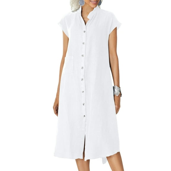 New Style Cardigan Stand Collar Single Breasted Cotton Linen Pocket Large Size Dress Petticoat for Women White L