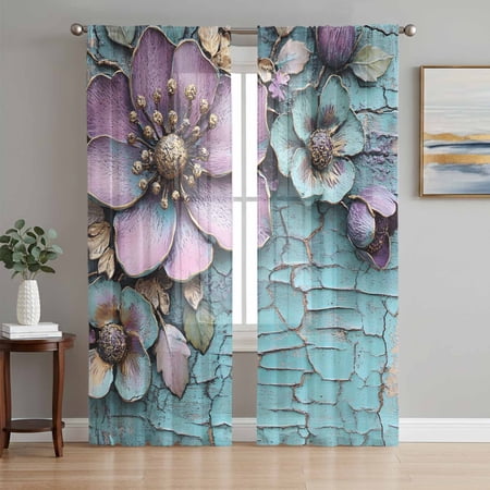 Purple Flowers Semi Sheer Curtains 108 Inch Length 2 Panels Set Retro Floral Pastoral Mottled Walls Sheer Kitchen Curtain Privacy Voile Window Curtain for Living Room Bedroom Rod Pocket Drapes