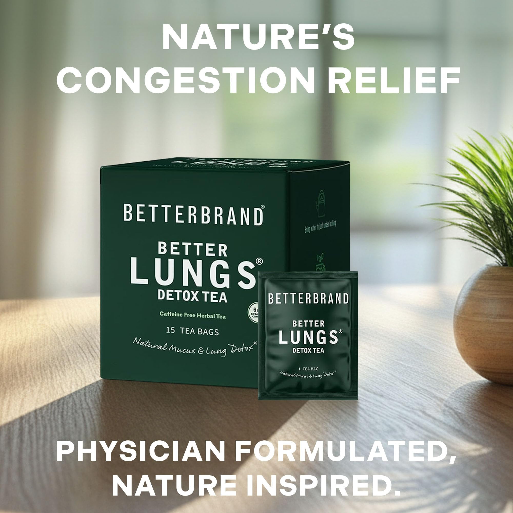 Betterbrand Mullein Tea Bags for Lung Detox - Respiratory Support with Thyme, Elderberry, Ginseng, Ginger, Caffeine Free Herbal Blend - 15 Tea Bags (Pack of 6)