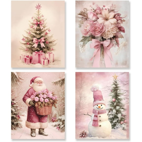 Hieng Vintage Christmas Wall Art Decor Set of 4 Retro Winter Holiday Xmas Artwork Poster Christmas Tree Snowman Wall Decor for Home Farmhouse Bedroom Gallery Decorations Unframed