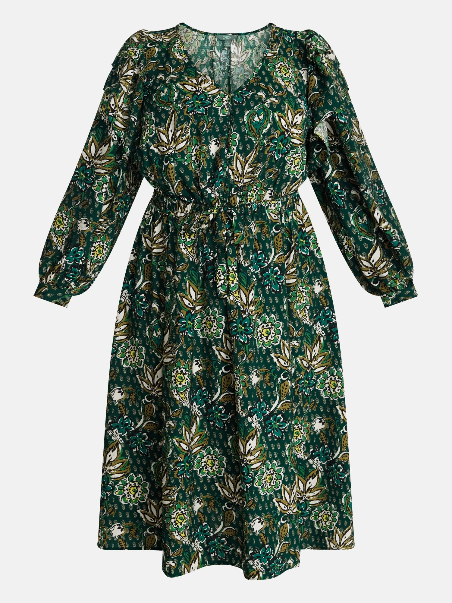 Terra & Sky Women’s Plus, Ruffle Puff Sleeve Midi Dress, Sizes 0X-5X