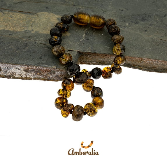Amberalia Baltic Amber Adult bracelet , Lab-tested, Certified Genuine Amber- SIZES FOR ALL AGES - Boost immune system -Natural carpal tunnel/arthritis pain relief -Dark Green 7.09
