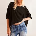 thumbnail image 2 of Trendfront Womens Summer Crew Neck Elbow Sleeve Tops Oversized Loose Fit Solid Color Tees Plain Cropped Casual Fashion T-Shirts, 2 of 8