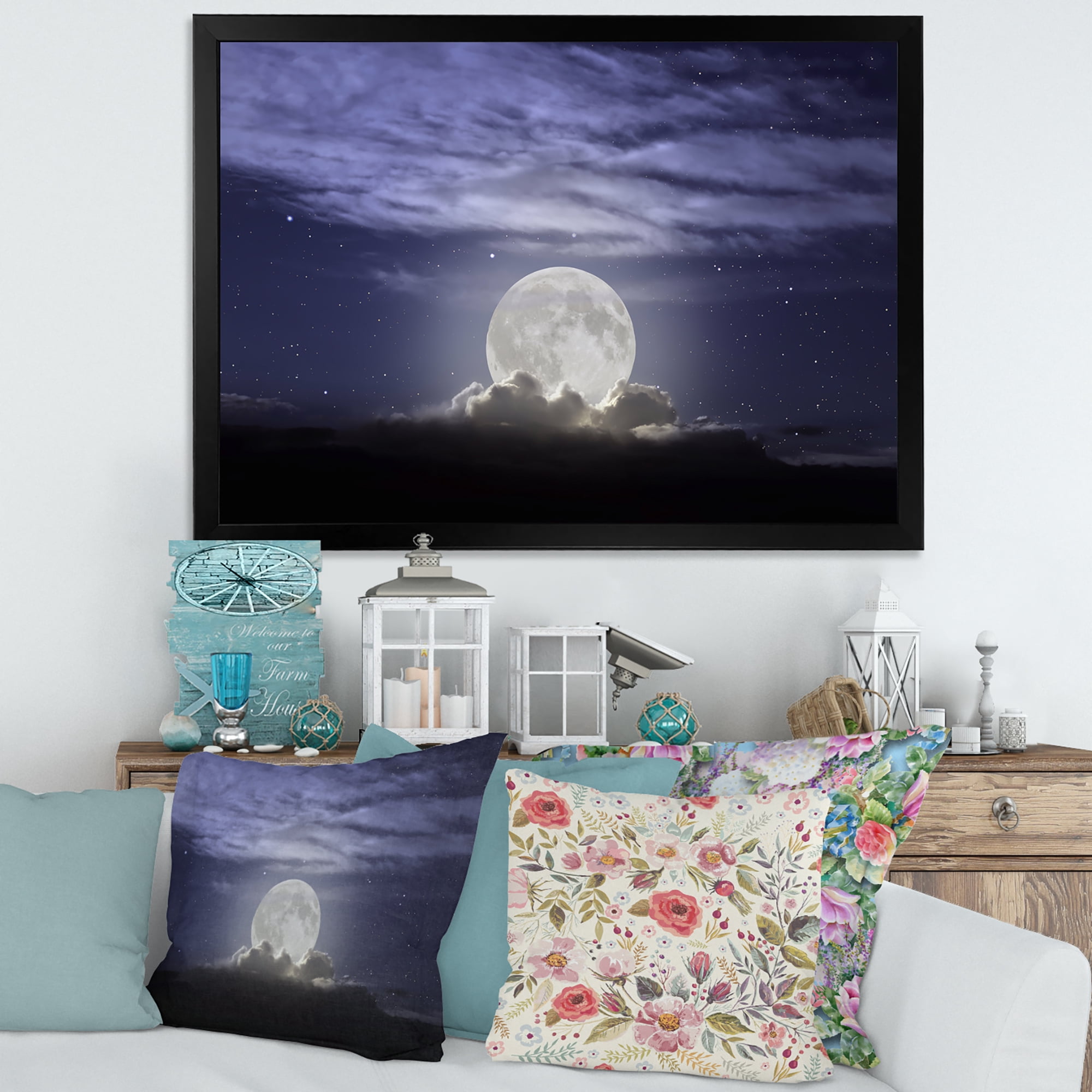 Designart 'Full Moon Rising In A Cloudy Night Sky' Nautical & Coastal Framed Art Print