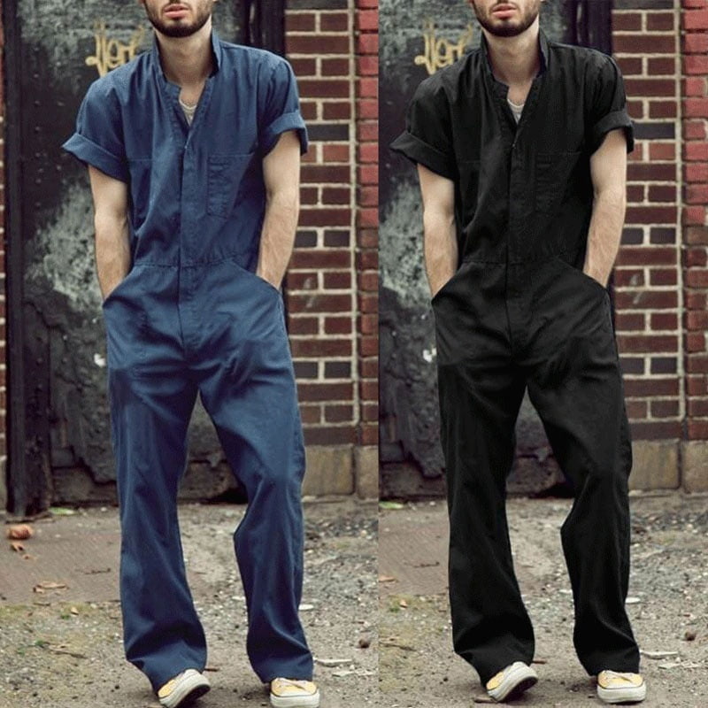 Men's Short Sleeve Coverall Loose Jumpsuit with Front Pocket Casual