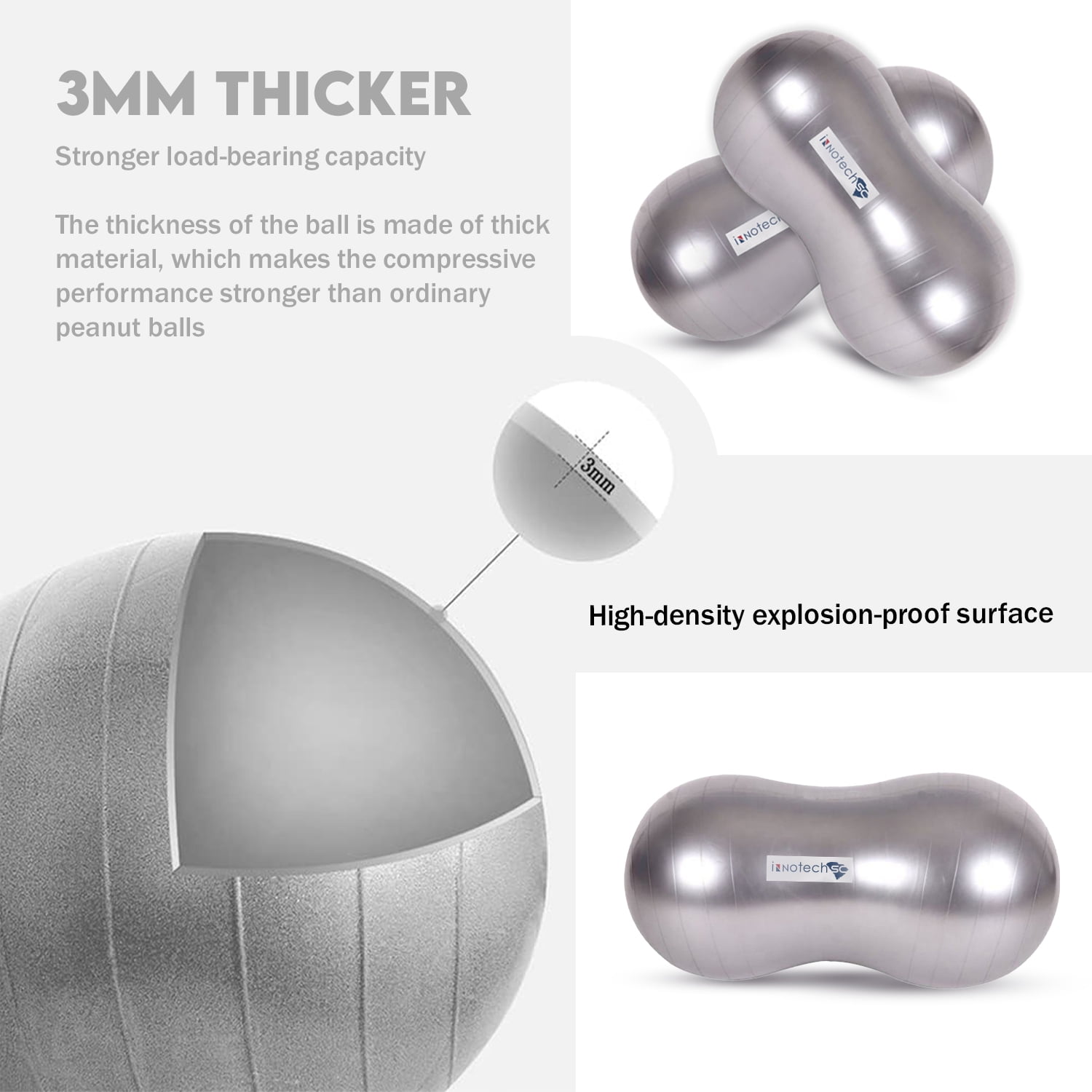 InnotechSC Peanut Ball – Anti-Burst Exercise Ball for Labor, Physical Therapy, Kids, Core Strength, Flexible Seating, Home & Gym Fitness, Sensory Chair Wiggle Seat (Includes Pump) Gray
