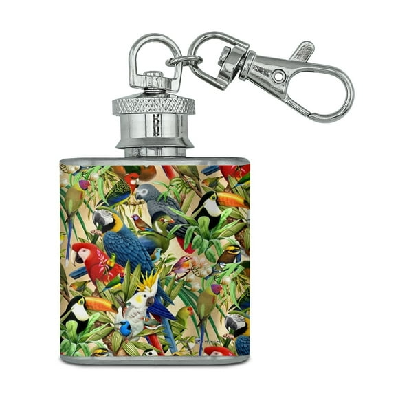Tropical Birds Parrot Macaw Toucan Pattern Stainless Steel 1oz Mini Flask Key Chain