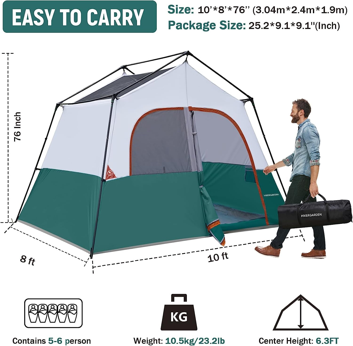 HIKERGARDEN 6 Person Camping Tent - Portable Easy Set Up Family Tent for Camp, Windproof Fabric Cabin Tent Outdoor for Hiking, Backpacking, Traveling