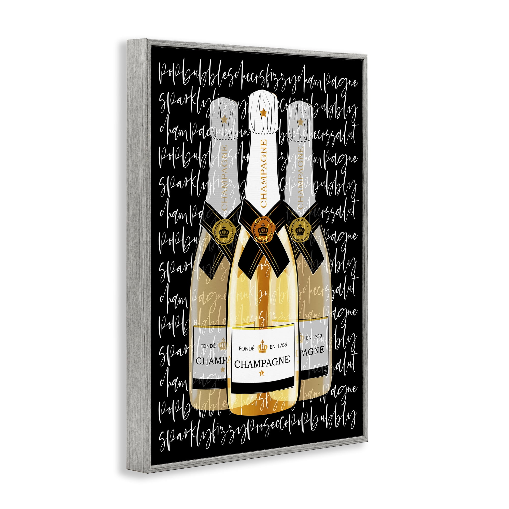 Stupell Industries Triple Champagne Bottle Love Gray Framed Giclee Art, design by Martina Pavlova