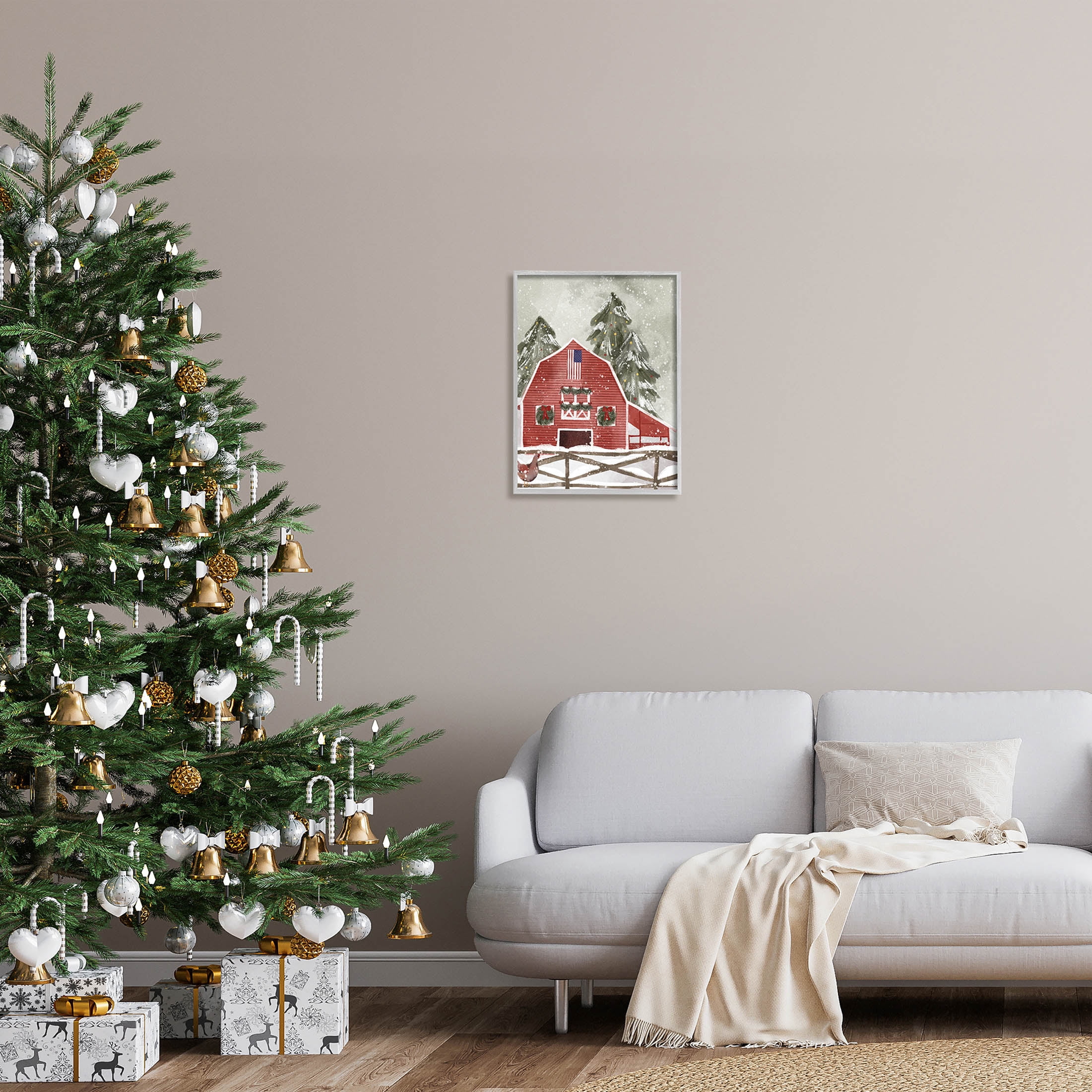 Stupell Industries Americana Barn Holiday Snow Scene Graphic Art Gray Framed Art Print Wall Art, Design by Laura Konyndyk