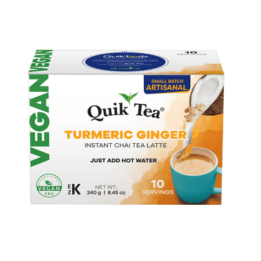 Quik Tea Vegan Turmeric Ginger Chai Tea Latte - 10 Count Single Box - All Natural Preservative Free Single Serve Pouches of Authentic Instant Chai - Just add hot water