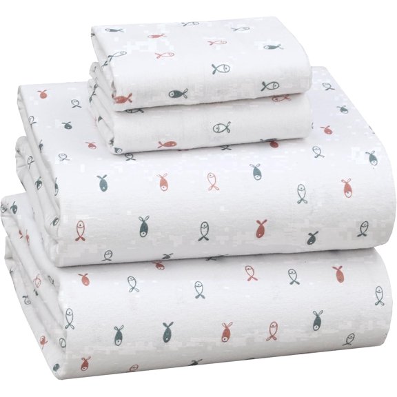 RUVANTI Flannel Sheets Queen Size - 100% Cotton Double Brushed Bed Sheets, Deep Pockets 16 Inches Queen Sheet Set, All Seasons Breathable & Extra Soft - Warm & Cozy, 4 Piece, Little Swimmers