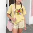 thumbnail image 4 of LvhaoGJOB Little Kids Girls T-Shirt and Shorts Outfit Set, Beige - large yellow bow graphic, notebook print with pink bow, 4 of 6