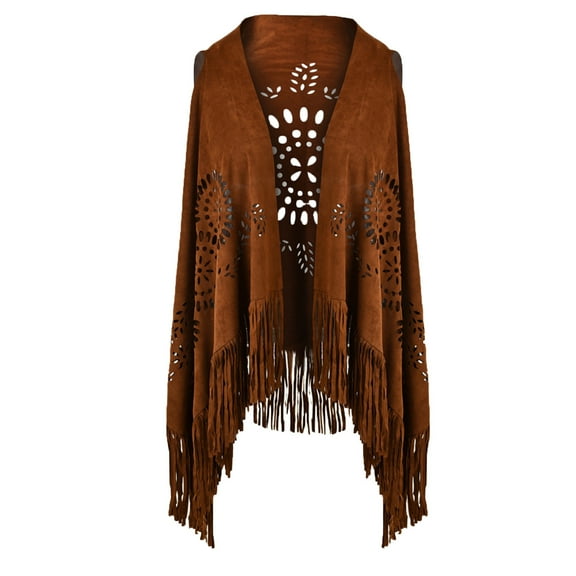 Cxenplz Women's Hollow Out Faux Suede Fringed Shawls and Wraps Vintage Stole Shrug Cape Scarf with Long Tassels