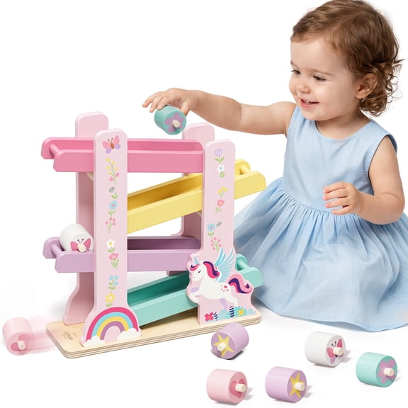 Car Ramp Toy, Toys for 1 Year Old, Wooden Car Ramp Toy with 4 Rollers, Unicorn Wooden Toy for Toddler 1-3 Year Old, Montessori Learning Toys for Kids Birthday Gifts