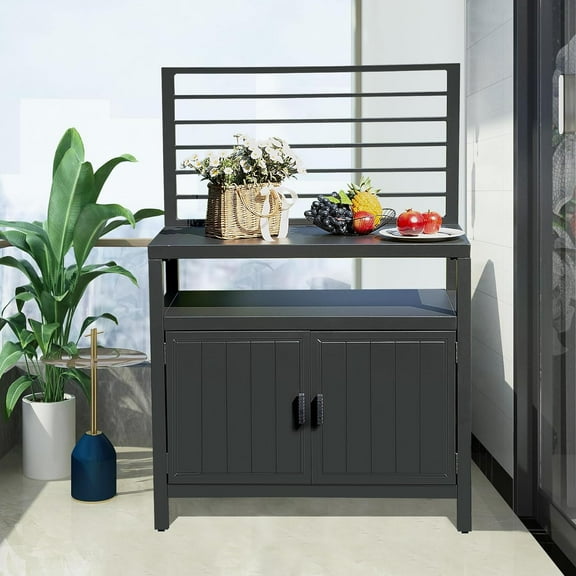 Domi Outdoor Kitchen Series Aluminum Storage Islands, Grill Storage Cabinet with Wall Hanging, Outdoor Kitchen Island and BBQ Serving Cart with Protective Cover for Deck, Patio, Backyard
