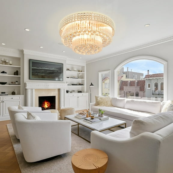 24 Inch Traditional Luxury Crystal Chandelier with Remote Control 5-Head Bedroom Crystal Chandelier, Dining Room Living Room Lighting Fixture (Gold)