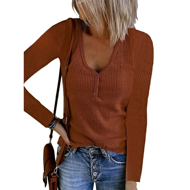 Fashnice Hauts pour Femmes Tunique à Col Boutonné Blouse T-Shirt Ample Chandail de Travail Rouge Brique TP