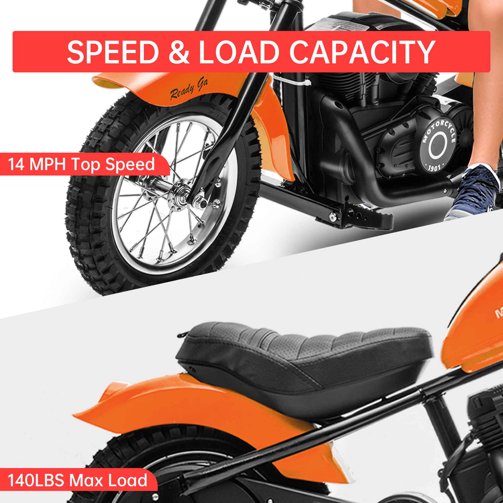 24V Electric Dirt Bike for Kids, 2 Speed Max Up to 14 Mph & 60 Minutes Continuous Electric Motorcycle with Led Lights, Leather Seat, Handbrake for Big Kids Teen, Ideal Christmas Gifts