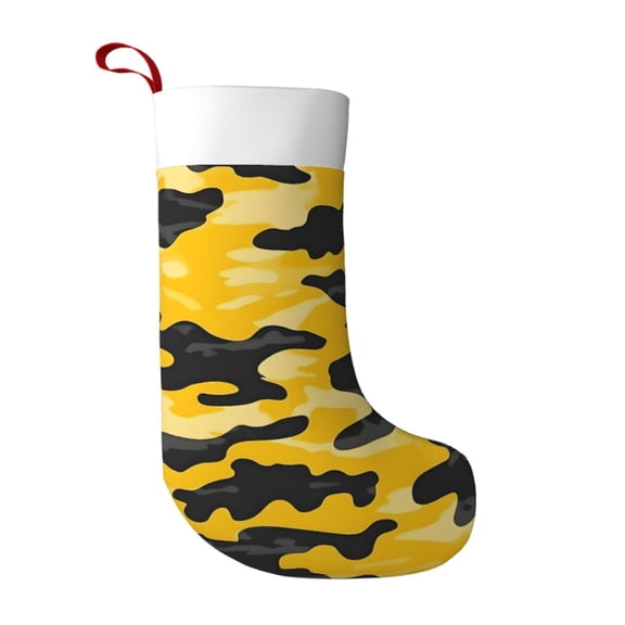 Flannel Christmas Stocking 17.7×11×7in Soft And Light Touch Good Socks Splicing Design Can Be Used For Hanging Vector Camouflage Pattern Yellow_3