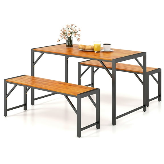 Gymax 3 PCS Patio Dining Set for 6 People 53'' Acacia Wood Picnic Table & 2 Benches
