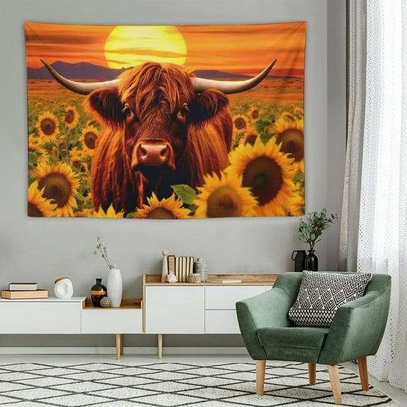 BCIIG Highland Cow Tapestry Wall Hanging Kids Sunflower Cattle Wall Art for Bedroom Living Room for Girls Teens Farmhouse Wildlife Animal Tapestry Floral Western Cow Bull Decor,Small 60x40 Inches