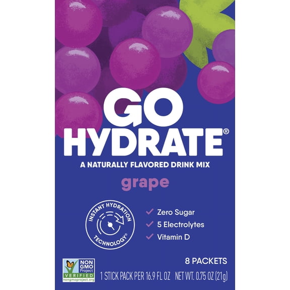 Electrolyte Hydration Drink Mix with Vitamin D, Non GMO Electrolyte Powder Hydration Pack, Grape flavor, 8 Hydration Powder Packets - GoHydrate